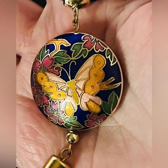 Vintage Cloisonne Butterfly Pendant Tassel Cord Necklace - Picture 5 of 7